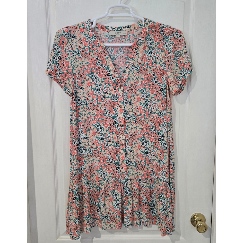 LOFT Floral Mini Dress Womens SP Coral Teal Petites Tiered Ruffle Hem